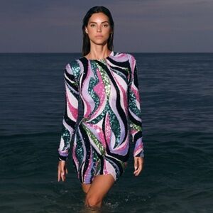 NWT PatBO Delos beaded sequin multi color long sleeve mesh mini dress 8